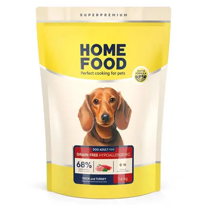 Корм сухий беззерновий гіпоалергенний Home Food для дорослих собак малих порід, з качкою та індичкою, 1,6 кг