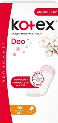 Щоденні гігієнічні прокладки Kotex Deo нормал, індивідуальна упаковка, 56 шт