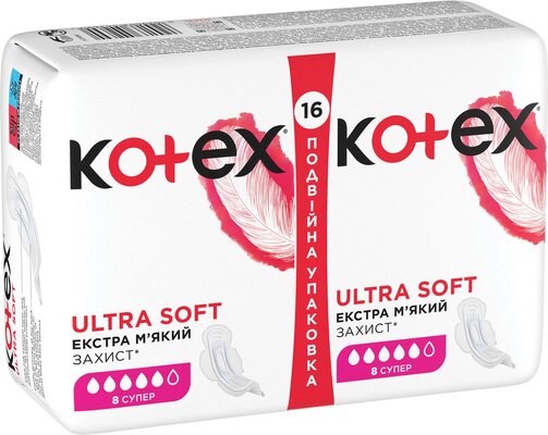 Прокладки гигиенические Kotex Ultra Soft супер, мягкая поверхность, 16 шт