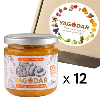 Набір джемів Yagodar абрикосовий без цукру з апельсином, 12 шт х 210 г