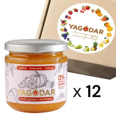 Набір джемів Yagodar гарбузовий без цукру з апельсином та корицею, 12 шт х 210 г