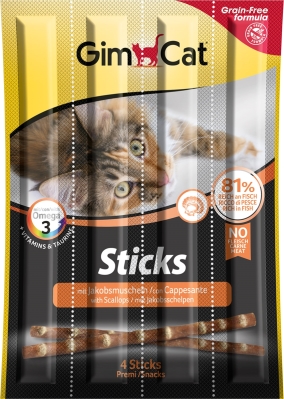 Мясные палочки для кошек GimCat лосось и гребешки grain-free, 4 штуки по 5 г