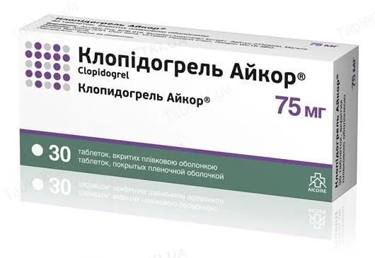 Клопідогрель Айкор таблетки, в/плів. обол. по 75 мг №30 (10х3)
