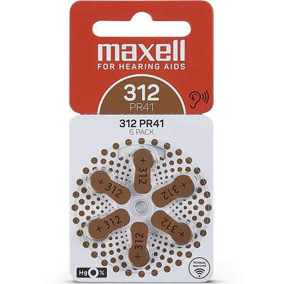 Батарейка для слухових апаратів Maxell For hearing aids PR41 1,45 V коричневі №312, 6 штук