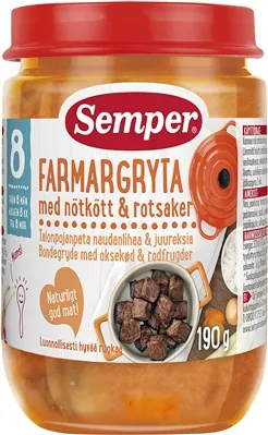 Пюре м'ясо-овочеве Semper Тушкована яловичина з овочами і рисом, 190 г