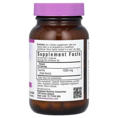 Таурин 1000 мг Bluebonnet Nutrition Taurine, 50 вегетаріанських капсул