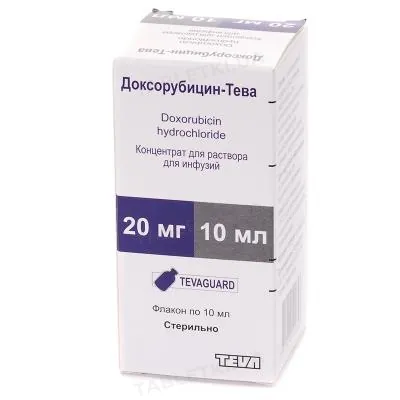 Доксорубіцин-Тева концентрат д/приг. р-ну д/інф. 2 мг/мл (20 мг) по 10 мл №1 у флак.