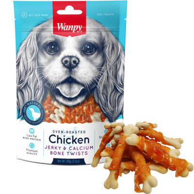 Лакомство для собак Wanpy Chicken Jerky & Calcium Bone Twists Косточки с вяленой курицей и кальцием, 100 г