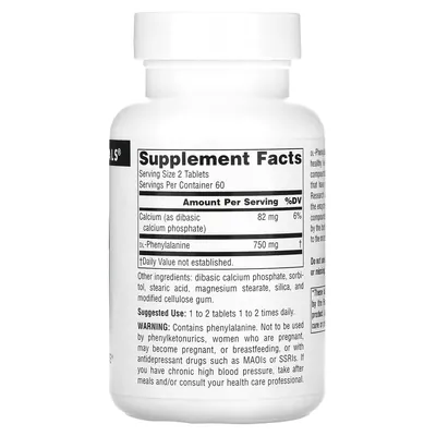 DL-фенілаланін Source Naturals DLPA 375 мг, 120 таблеток