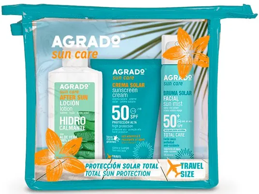 Набір Agrado Sun Care Захист від сонця (Лосьйон після засмаги 100 мл + Крем сонцезахисний SPF50 100 мл + Міст сонцезахисний SPF50 75 мл + косметичка)