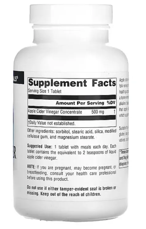Яблучний оцет Source Naturals Apple Cider Vinegar 500 мг, 180 таблеток