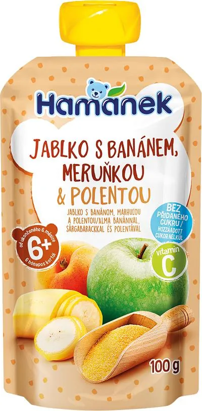 Пюре фруктове Hame Hamanek Яблуко, банан, абрикос та полента, 100 г