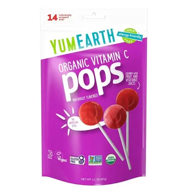 Льодяники органічні YumEarth Organic Pops з вітаміном С асорті 87 г, 14 льодяників в індивідуальній упаковці