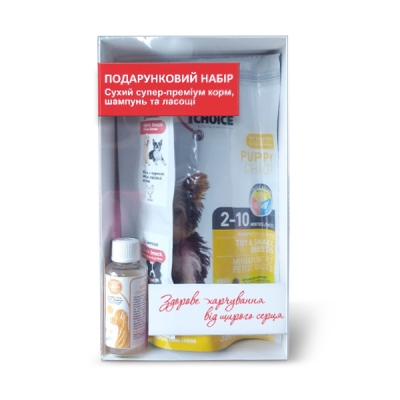Набор корм сухой 1st Choice Puppy Toy and Small для щенков мини и малых пород, с курицей, 0,35 кг + шампунь + лакомства
