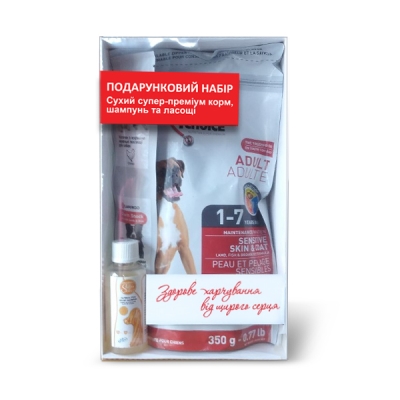 Набор корм сухой 1st Choice Adult Sensitive Lamb&Fish для взрослых собак средних и крупных пород, 0,35 кг + шампунь + лакомства