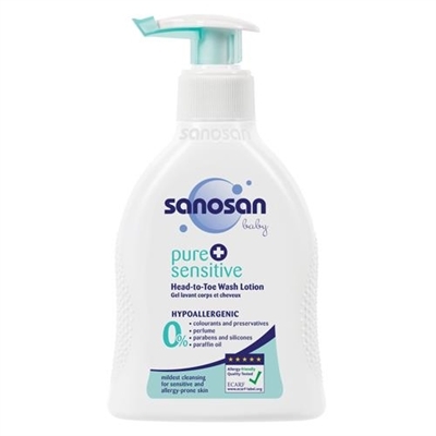 Средство для купания Sanosan pure+sensitive гипоаллергенное 2 в 1, 200 мл