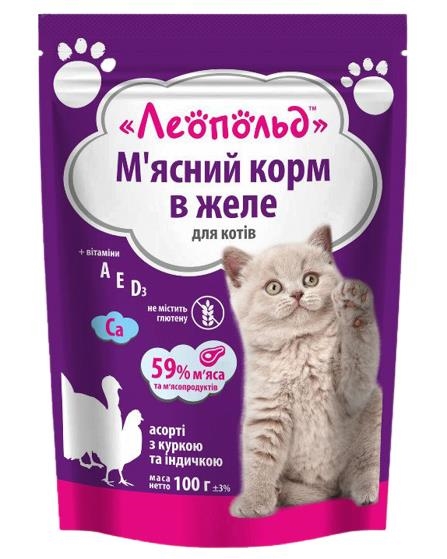 Корм влажный для кошек Леопольд Ассорти с курицей и индейкой в ??желе, 100 г