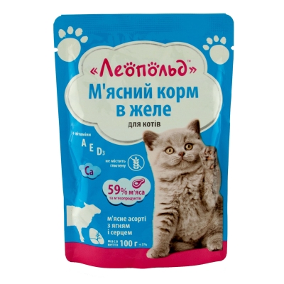 Корм влажный для кошек Леопольд Ассорти с ягненком и сердцем в желе, 100 г