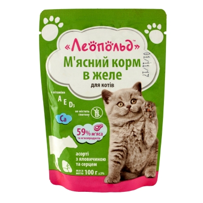 Корм влажный для кошек Леопольд Ассорти с говядиной и сердцем в желе, 100 г