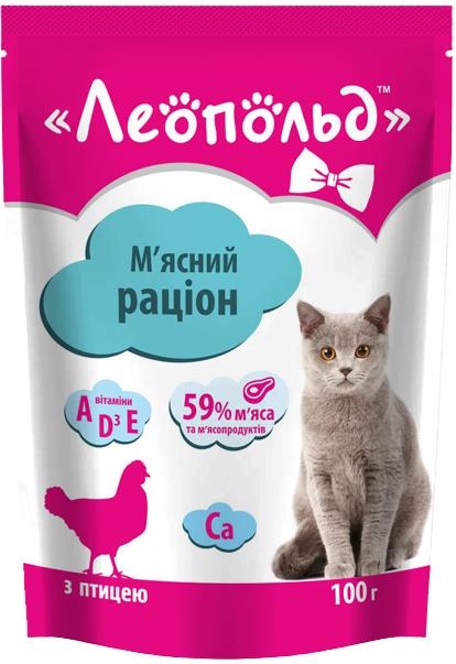 Корм влажный для кошек Леопольд Мясной рацион с птицей, 100 г
