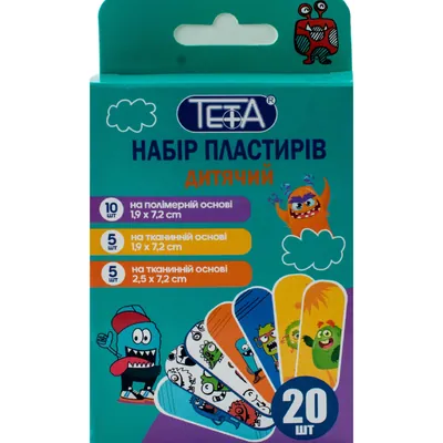 Набір пластирів Teta Дитячий на тканинній та полімерній основі, 7,2 х 1,9 см та 7,2 х 2,5 см, 20 штук