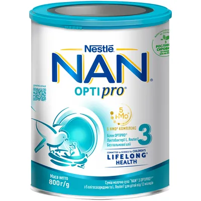 Суміш суха молочна NAN 3 Optipro з 5 олігосахаридами та L. Reuteri для дітей з 12 місяців, 800 г