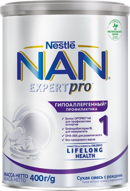 Смесь сухая молочная NAN Гипоаллергенный 1 Expertpro для детей с рождения, 400 г