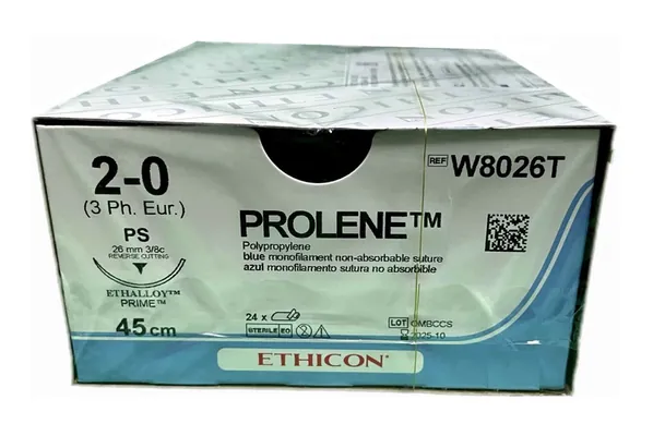 Шовний матеріал хірургічний Prolene 2-0 нерозсмоктуючий, довжина 75 см, голка зворотньо-ріжуча 26 мм, 3/8 кола W8026T