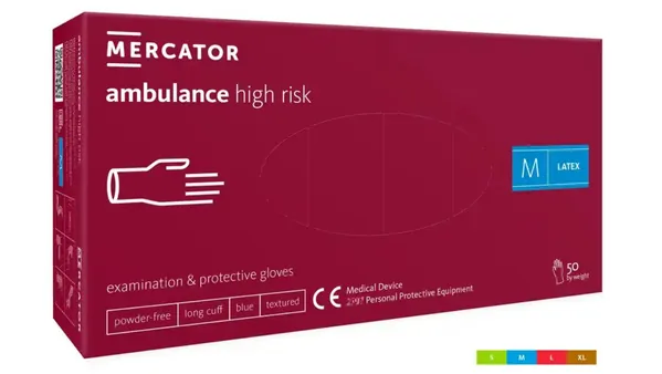 Рукавички оглядові Mercator Ambulance High Risk латексні непудровані, розмір M, нестерильні, сині, 50 штук