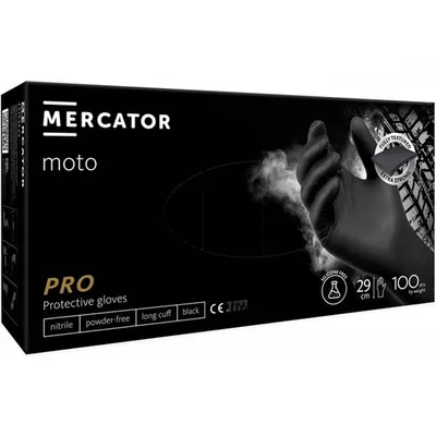 Рукавички господарчі Mercator Pro Moto nitrile black нітрилові неопудрені, розмір XL, нестерильні, чорні, 100 штук