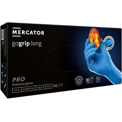 Рукавички господарчі Mercator GoGrip LONG Nitrile Blue нітрилові без пудри нестерильні, блакитні, розмір XL, 50 штук