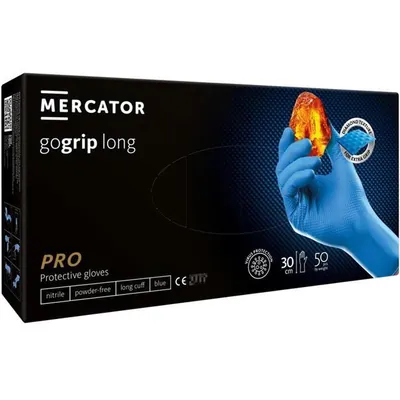 Рукавички господарчі Mercator Pro GoGrip Long нітрилові без пудри нестерильні, блакитні, розмір M, 50 штук