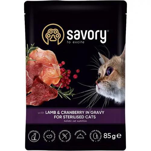 Корм влажный для стерилизованных кошек Savory ягненок с клюквой в соусе, 85 г