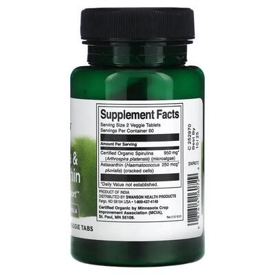 Спіруліна органічна та астаксантин Swanson Organic Spirulina & Astaxanthin, 120 рослинних таблеток