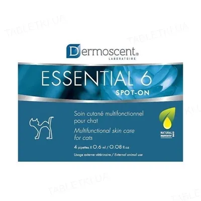 Догляд за шкірою та шерстю Dermoscent Essential 6 spot-on для котів, 4 піпетки по 0,6 мл
