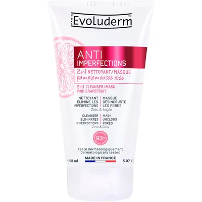 Маска Evoluderm для обличчя 2 в 1 очищуюча з екстрактом рожевого грейпфруту проти недосконалостей шкіри, 150 мл