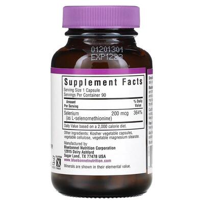 Селен Bluebonnet Nutrition Selenium 200 мкг, без дрожжей, 90 вегетарианских капсул