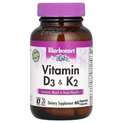 Витамины D3 и K2 Bluebonnet Nutrition Vitamin D3 & K2, 60 вегетарианских капсул