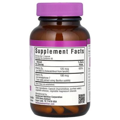 Витамины D3 и K2 Bluebonnet Nutrition Vitamin D3 & K2, 60 вегетарианских капсул