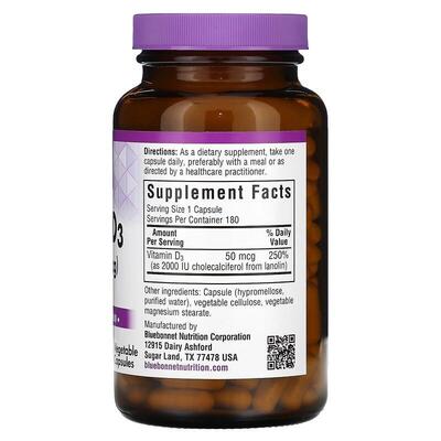 Вітамін D3 2000 IU Bluebonnet Nutrition Vitamin D3, 180 рослинних капсул