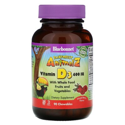 Вітамін D3 400IU Bluebonnet Nutrition Rainforest Animalz з ягідним смаком, 90 жувальних таблеток
