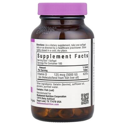 Витамин D3 5000IU Bluebonnet Nutrition Vitamin D3, 100 мягких желатиновых капсул