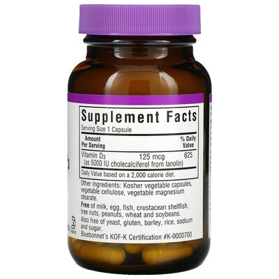 Вітамін D3 5000IU Bluebonnet Nutrition, 60 рослинних капсул