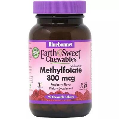Метилфолат (B9) 800 мкг Bluebonnet Nutrition Earth Sweet Chewables, вкус малины, жевательные таблетки №90