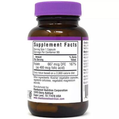 Фолиевая кислота 400 мг Bluebonnet Nutrition Folic Acid, 90 вегетарианских капсул