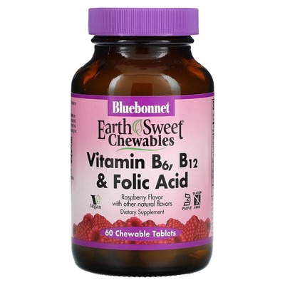 Витамин В6, B12+ Фолиевая кислота Bluebonnet Nutrition Earth Sweet Vitamin B6, B12 Plus Folic Acid, со вкусом малины, 60 жевательных таблеток