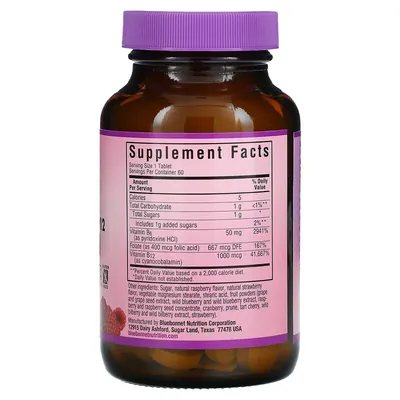 Вітамін В6, B12 + Фолієва кислота Bluebonnet Nutrition Earth Sweet Vitamin B6, B12 Plus Folic Acid, зі смаком малини, 60 жувальних таблеток