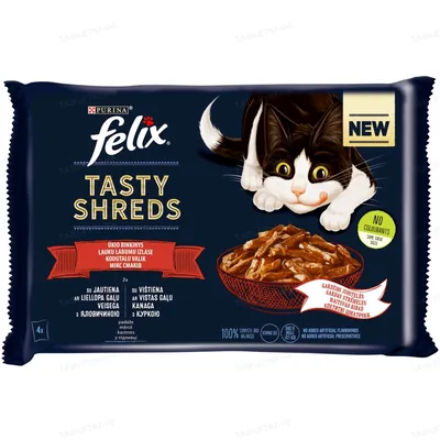 Корм вологий для кішок Purina Felix Tasty Shreds М'ясний набір, 4 штуки по 80 г