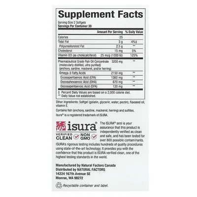 Риб'ячий жир Омега 3 з вітаміном D3 Natural Factors Rx Omega-3 Ultra Strength with Vitamin D3, 60 м'яких таблеток