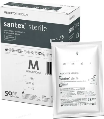 Рукавички оглядові Santex латексні з пудрою стерильні, розмір M, пара